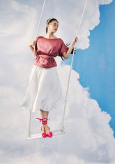 Silk Short-Sleeve Blouse with Waist Tie and Relaxed Fit for Effortless Feminine Style